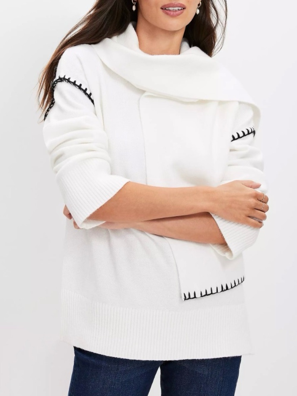NWT LOFT white sweater with black Stitched Trim  Removable Scarf Sweater Size M
